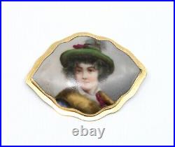 14k Solid Yellow Gold Antique Victorian Hand Painted Porcelain Brooch