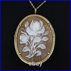 14k Yellow Gold Antique Victorian Hand-carved Shell Floral Cameo Brooch Pendant