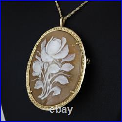 14k Yellow Gold Antique Victorian Hand-carved Shell Floral Cameo Brooch Pendant