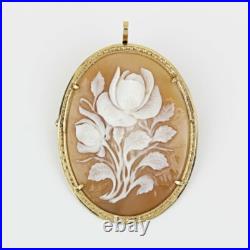 14k Yellow Gold Antique Victorian Hand-carved Shell Floral Cameo Brooch Pendant