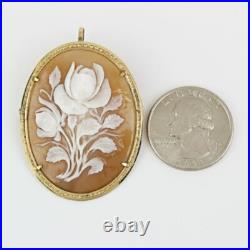 14k Yellow Gold Antique Victorian Hand-carved Shell Floral Cameo Brooch Pendant