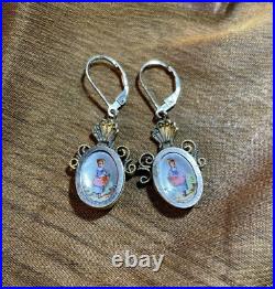 1800'S GOLD FILLED HAND ENAMELED VICTORIAN EARRINGS GIRL HOLDING DRESS With FLOWER