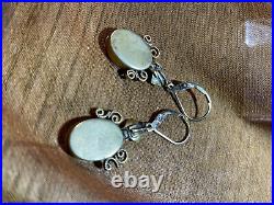 1800'S GOLD FILLED HAND ENAMELED VICTORIAN EARRINGS GIRL HOLDING DRESS With FLOWER