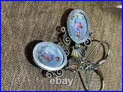 1800'S GOLD FILLED HAND ENAMELED VICTORIAN EARRINGS GIRL HOLDING DRESS With FLOWER