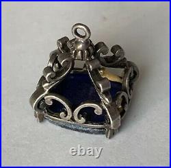 1800's VICTORIAN SILVER WAX SEAL PENDANT Carved Lapis Lazuli CHESSBOARD & KNIGHT