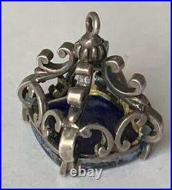 1800's VICTORIAN SILVER WAX SEAL PENDANT Carved Lapis Lazuli CHESSBOARD & KNIGHT