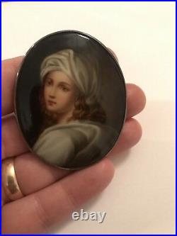 1800's Victorian Hand Painted Woman Porcelain Portrait Pin Brooch Silver