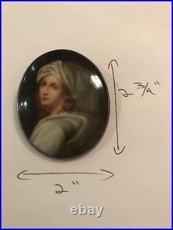 1800's Victorian Hand Painted Woman Porcelain Portrait Pin Brooch Silver
