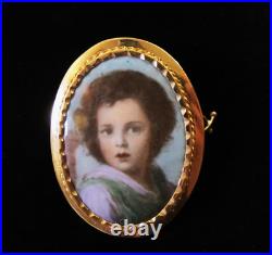 1800s Victorian 14K GOLD Cameo Hand Painted Porcelain Portrait Brooch Child