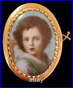 1800s Victorian 14K GOLD Cameo Hand Painted Porcelain Portrait Brooch Child