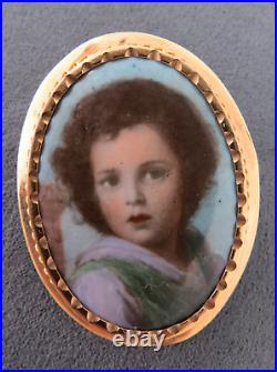 1800s Victorian 14K GOLD Cameo Hand Painted Porcelain Portrait Brooch Child