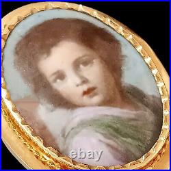 1800s Victorian 14K GOLD Cameo Hand Painted Porcelain Portrait Brooch Child