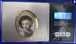 1800s Victorian 14K GOLD Cameo Hand Painted Porcelain Portrait Brooch Child