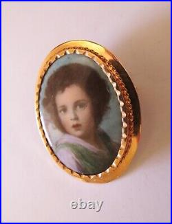 1800s Victorian 14K GOLD Cameo Hand Painted Porcelain Portrait Brooch Child