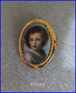 1800s Victorian 14K GOLD Cameo Hand Painted Porcelain Portrait Brooch Child