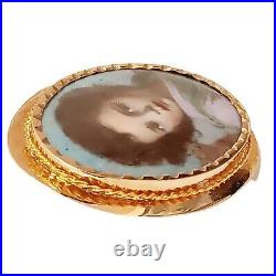 1800s Victorian 14K GOLD Cameo Hand Painted Porcelain Portrait Brooch Child