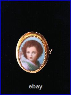 1800s Victorian 14K GOLD Cameo Hand Painted Porcelain Portrait Brooch Child