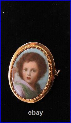 1800s Victorian 14K GOLD Cameo Hand Painted Porcelain Portrait Brooch Child