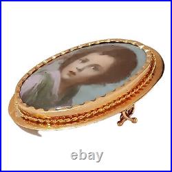 1800s Victorian 14K GOLD Cameo Hand Painted Porcelain Portrait Brooch Child