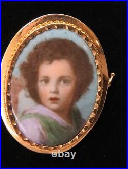 1800s Victorian 14K GOLD Cameo Hand Painted Porcelain Portrait Brooch Child
