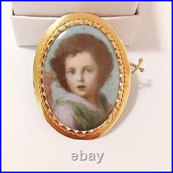 1800s Victorian 14K GOLD Cameo Hand Painted Porcelain Portrait Brooch Child