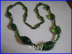 1800s Victorian Dark Green Hand Cut Crystal Beads 24 Necklace Faceted Beads