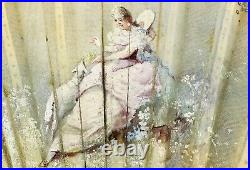 1840s FRENCH VICTORIAN LADY ANTIQUE MOTHER OF PEARL/SILK LACE HAND PAINTED FAN