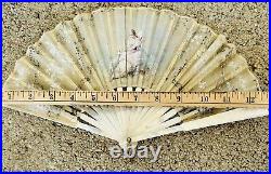 1840s FRENCH VICTORIAN LADY ANTIQUE MOTHER OF PEARL/SILK LACE HAND PAINTED FAN