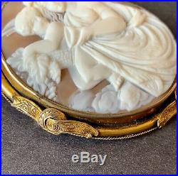 1850's Large Antique Victorian 14K gold & Hand Carved Shell Cameo Brooch Pendant