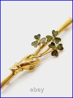 1870s Antique MID VICTORIAN 9ct Gold IRISH GREEN CLOVER with Lady's HAND bar PIN