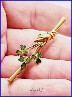1870s Antique MID VICTORIAN 9ct Gold IRISH GREEN CLOVER with Lady's HAND bar PIN