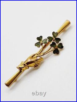 1870s Antique MID VICTORIAN 9ct Gold IRISH GREEN CLOVER with Lady's HAND bar PIN