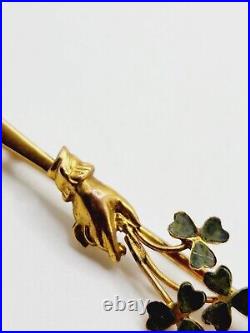 1870s Antique MID VICTORIAN 9ct Gold IRISH GREEN CLOVER with Lady's HAND bar PIN