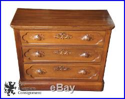 1870s Antique Victorian Walnut Dresser Hand Carved Handles 3 Drawer Chest 40