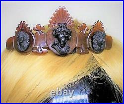 1880 Victorian 3 Black Cameos Hair Comb HINGED TIARA COMB Hand Carved Dyed Steer