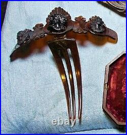 1880 Victorian 3 Black Cameos Hair Comb HINGED TIARA COMB Hand Carved Dyed Steer