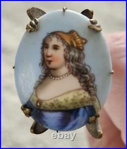 1880 Victorian Hand Painted Porcelain Brass Hat Pin Ginko Leafs Lady Curly Hair