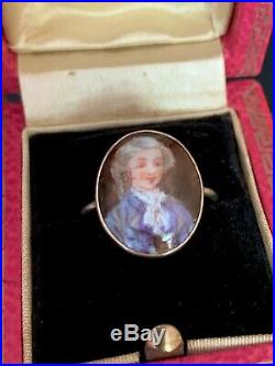 1880s Antique Victorian 14k Gold Hand Painted Miniature Portrait Ring