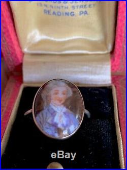 1880s Antique Victorian 14k Gold Hand Painted Miniature Portrait Ring