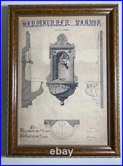 1881 Hand Drawn Architectural Drawing Fountain Victorian Antique OOAK Framed Art
