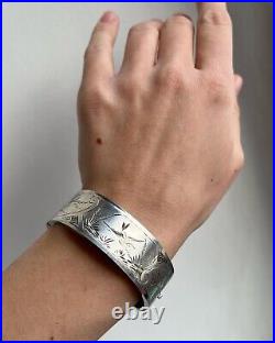 1887 Antique Victorian Womens Jewelry Circle Bangle Cuff Silver 925 Hand Carved