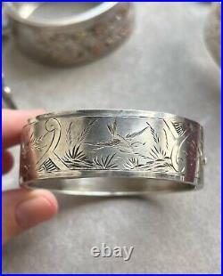 1887 Antique Victorian Womens Jewelry Circle Bangle Cuff Silver 925 Hand Carved
