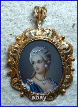18K Gold Italy Hand Painted Victorian Cameo with Diamonds &Pearls Pendant Brooch