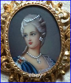 18K Gold Italy Hand Painted Victorian Cameo with Diamonds &Pearls Pendant Brooch