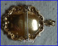 18K Gold Italy Hand Painted Victorian Cameo with Diamonds &Pearls Pendant Brooch