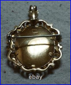 18K Gold Italy Hand Painted Victorian Cameo with Diamonds &Pearls Pendant Brooch