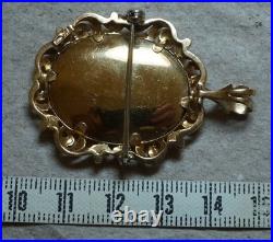 18K Gold Italy Hand Painted Victorian Cameo with Diamonds &Pearls Pendant Brooch