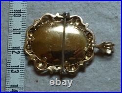 18K Gold Italy Hand Painted Victorian Cameo with Diamonds &Pearls Pendant Brooch