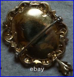 18K Gold Italy Hand Painted Victorian Cameo with Diamonds &Pearls Pendant Brooch
