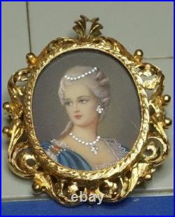 18K Gold Italy Hand Painted Victorian Cameo with Diamonds &Pearls Pendant Brooch